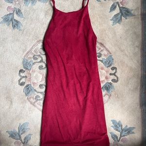 Open back, red, suede dress